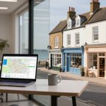 A laptop displaying a map is on a wooden desk near a window. Outside, there are colorful storefronts in blue, pink, and beige along a street. A white mug and a small plant are also on the desk.