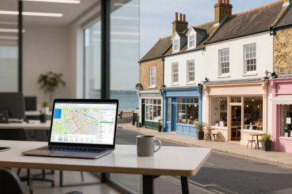 A laptop displaying a map is on a wooden desk near a window. Outside, there are colorful storefronts in blue, pink, and beige along a street. A white mug and a small plant are also on the desk.