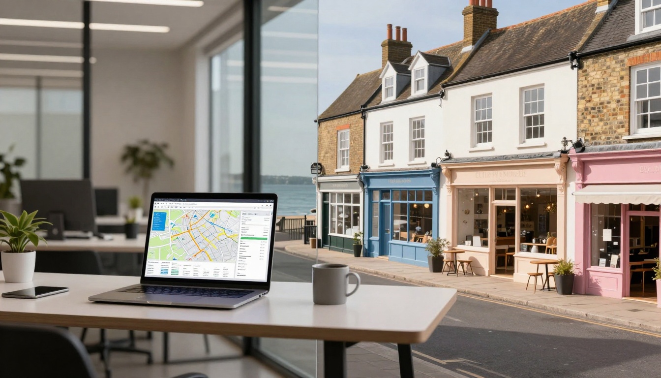 A laptop displaying a map is on a wooden desk near a window. Outside, there are colorful storefronts in blue, pink, and beige along a street. A white mug and a small plant are also on the desk.