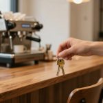 A hand holding a set of keys over a wooden counter in a coffee shop, with an espresso machine and cups in the background.