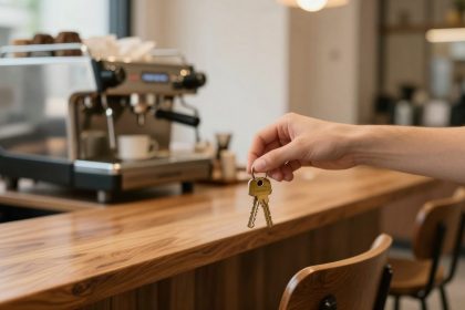 A hand holding a set of keys over a wooden counter in a coffee shop, with an espresso machine and cups in the background.
