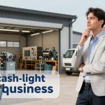 A man in a light gray suit and blue shirt stands thoughtfully outside an industrial building with machinery and a white van. A British flag is visible on the building. In the foreground, an overlay shows a document, pen, and calculator with the text "cash-light business."