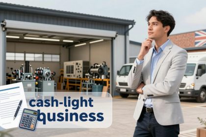 A man in a light gray suit and blue shirt stands thoughtfully outside an industrial building with machinery and a white van. A British flag is visible on the building. In the foreground, an overlay shows a document, pen, and calculator with the text "cash-light business."