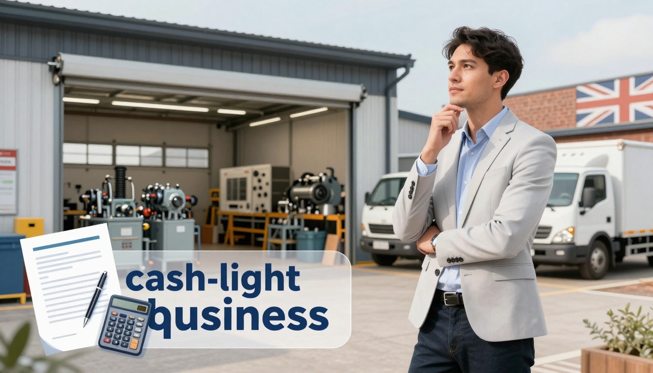A man in a light gray suit and blue shirt stands thoughtfully outside an industrial building with machinery and a white van. A British flag is visible on the building. In the foreground, an overlay shows a document, pen, and calculator with the text "cash-light business."