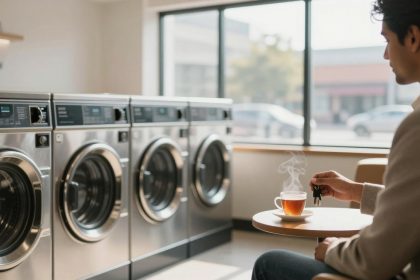 A person sits in a laundromat holding keys, with a steaming cup of tea on a table. Four stainless steel washing machines are in the background. Sunlight streams through large windows, illuminating the space.
