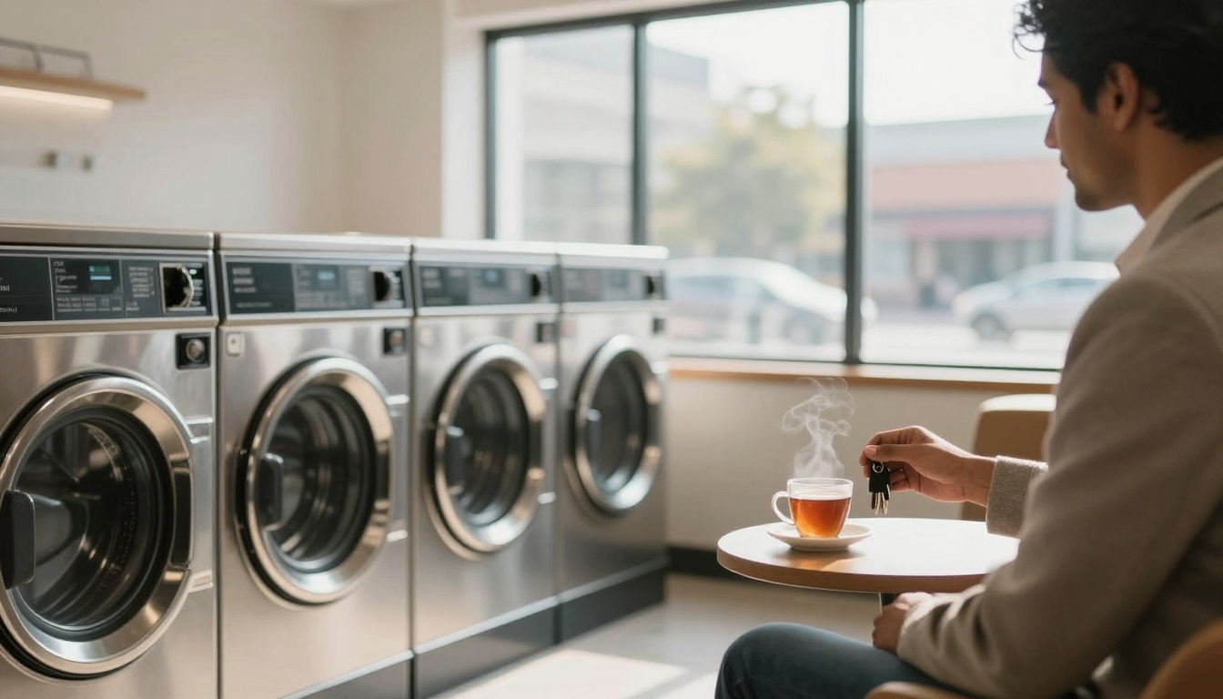 A person sits in a laundromat holding keys, with a steaming cup of tea on a table. Four stainless steel washing machines are in the background. Sunlight streams through large windows, illuminating the space.