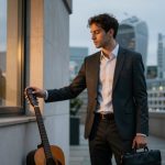 A man in a suit stands on a rooftop terrace at dusk, holding a briefcase and touching a guitar leaning against a wall. His reflection is visible in the window. City buildings are in the background.
