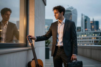 A man in a suit stands on a rooftop terrace at dusk, holding a briefcase and touching a guitar leaning against a wall. His reflection is visible in the window. City buildings are in the background.