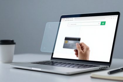 A hand holds a credit card in front of a laptop with a browser screen displaying a search bar. A coffee cup and pen sit on the table.