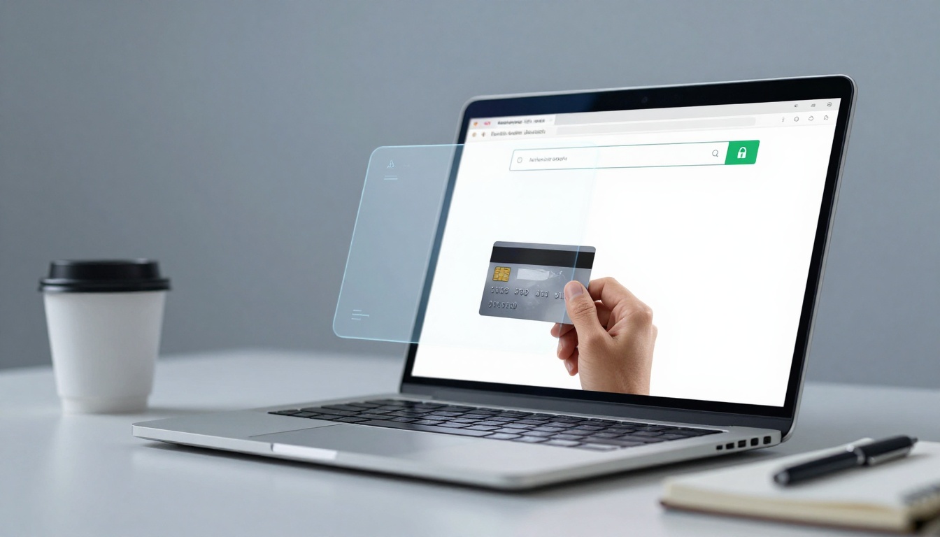 A hand holds a credit card in front of a laptop with a browser screen displaying a search bar. A coffee cup and pen sit on the table.