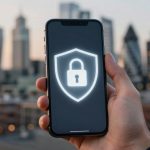 A hand holding a smartphone displaying a glowing lock icon inside a shield, symbolizing security, with a blurred city skyline in the background.
