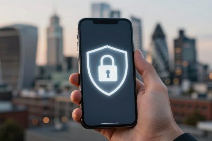 A hand holding a smartphone displaying a glowing lock icon inside a shield, symbolizing security, with a blurred city skyline in the background.