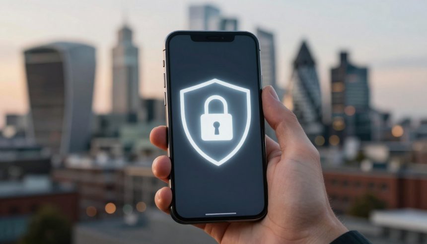 A hand holding a smartphone displaying a glowing lock icon inside a shield, symbolizing security, with a blurred city skyline in the background.