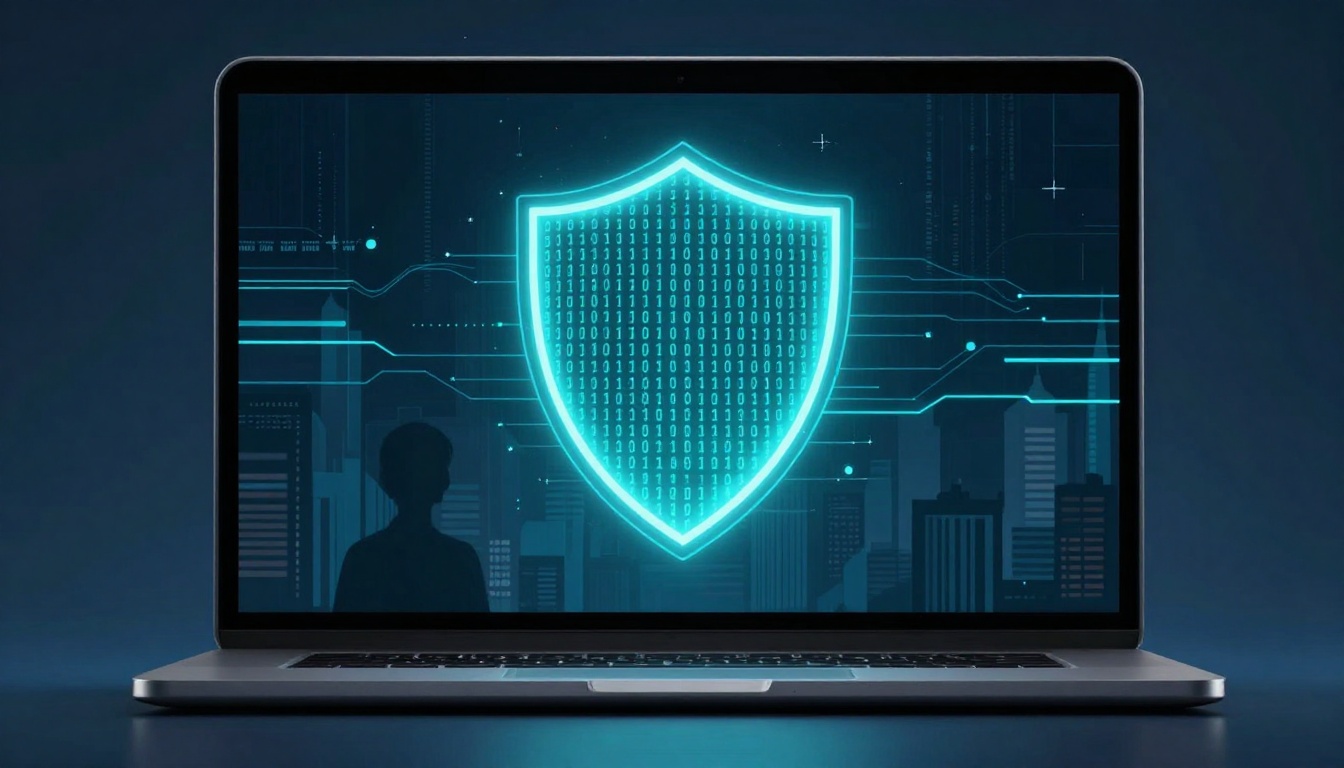A laptop screen displays a glowing blue shield with binary code, symbolizing cybersecurity. A digital cityscape is visible in the background.