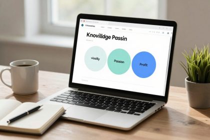 A laptop on a wooden desk displays a webpage titled "Knowlidge Passin" with circles labeled "visally," "Passion," and "Profit." Nearby are an open notebook with a pen, a cup of coffee, and a small potted plant.