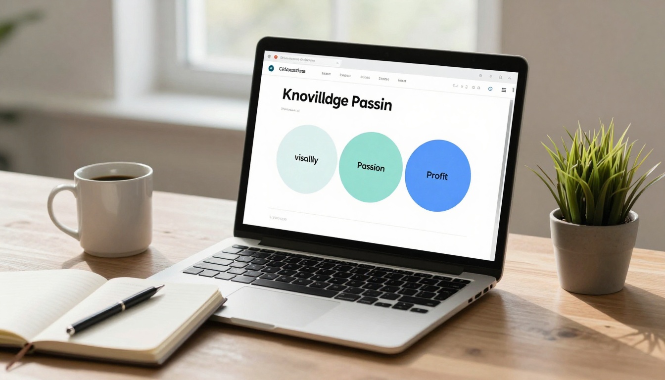 A laptop on a wooden desk displays a webpage titled "Knowlidge Passin" with circles labeled "visally," "Passion," and "Profit." Nearby are an open notebook with a pen, a cup of coffee, and a small potted plant.