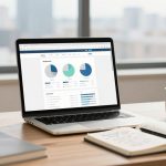 A laptop displaying pie charts and graphs is on a desk with a notebook, pen, steaming coffee cup, plant, and smartphone.