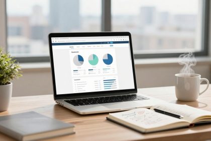 A laptop displaying pie charts and graphs is on a desk with a notebook, pen, steaming coffee cup, plant, and smartphone.