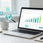 A laptop displaying a bar and line graph with blue and green colors. Nearby are a white coffee cup, a notebook with sketches, and a pen. Floating icons include a globe and magnifying glass.