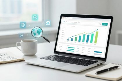 A laptop displaying a bar and line graph with blue and green colors. Nearby are a white coffee cup, a notebook with sketches, and a pen. Floating icons include a globe and magnifying glass.