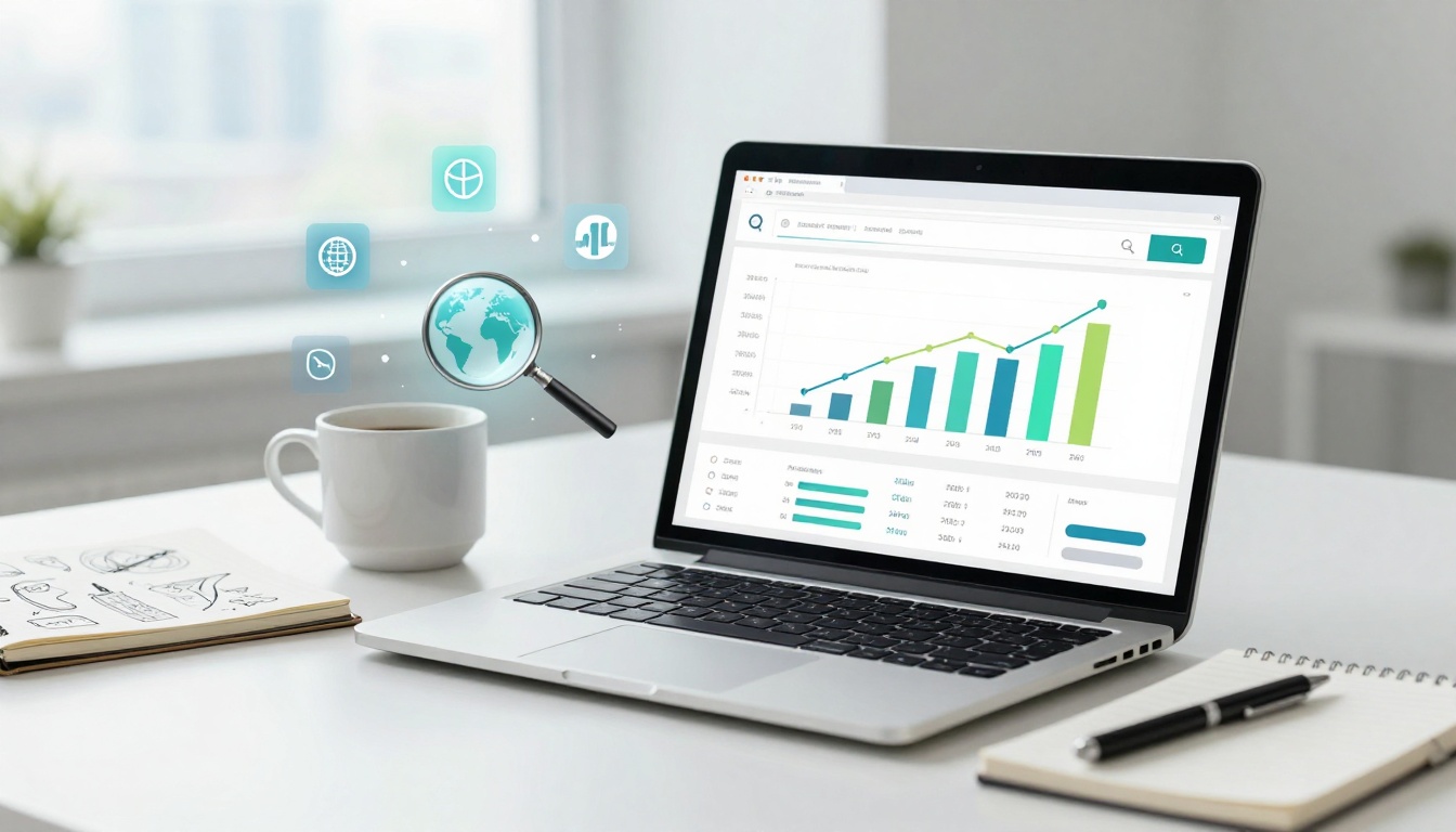 A laptop displaying a bar and line graph with blue and green colors. Nearby are a white coffee cup, a notebook with sketches, and a pen. Floating icons include a globe and magnifying glass.