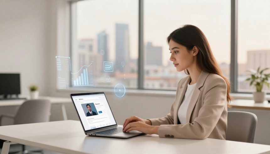 A woman in a beige blazer sits at a desk using a laptop in a bright office. Digital graphs and icons hover above the laptop screen.