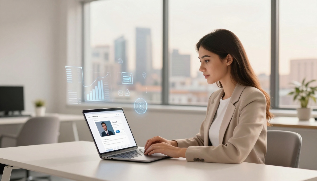 A woman in a beige blazer sits at a desk using a laptop in a bright office. Digital graphs and icons hover above the laptop screen.