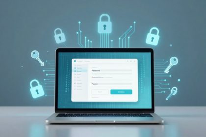 A laptop displays a password manager interface on its screen. Digital padlock and key icons surround the laptop, symbolizing security. The background is a gradient of blue tones.