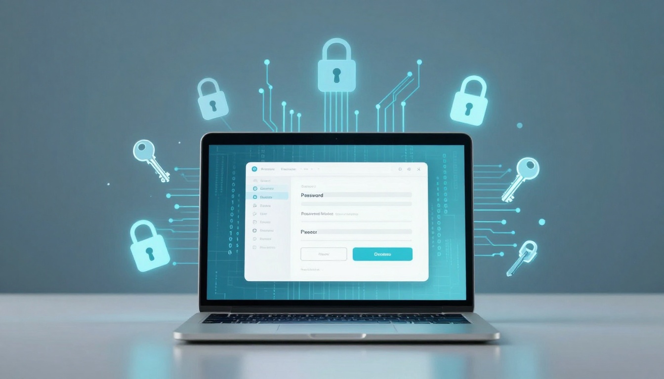 A laptop displays a password manager interface on its screen. Digital padlock and key icons surround the laptop, symbolizing security. The background is a gradient of blue tones.