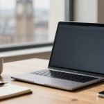 A laptop on a wooden desk next to a steaming cup of coffee, a notebook with a pen, and a smartphone. A window with a blurred cityscape view is in the background.