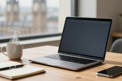 A laptop on a wooden desk next to a steaming cup of coffee, a notebook with a pen, and a smartphone. A window with a blurred cityscape view is in the background.