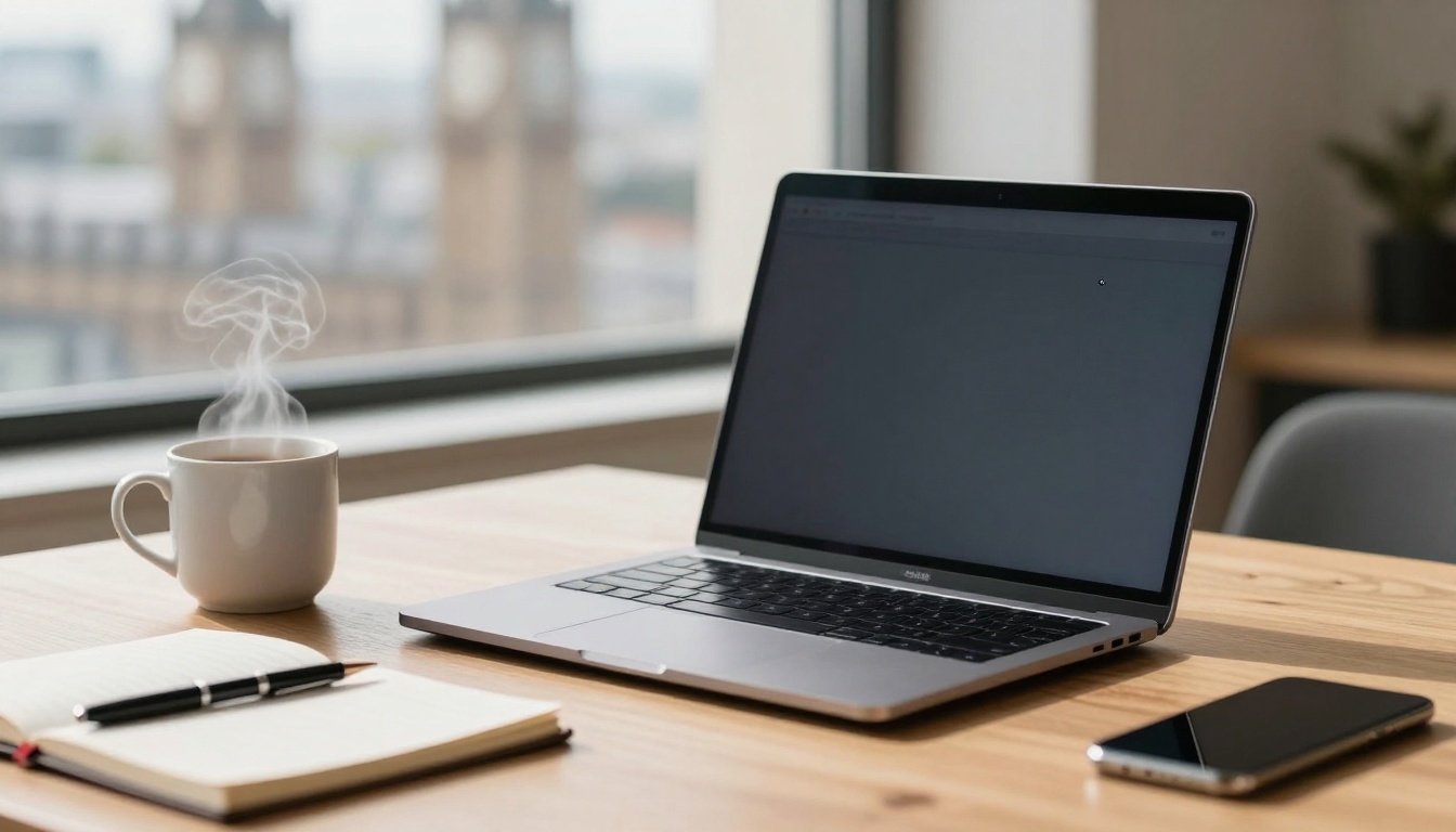 A laptop on a wooden desk next to a steaming cup of coffee, a notebook with a pen, and a smartphone. A window with a blurred cityscape view is in the background.