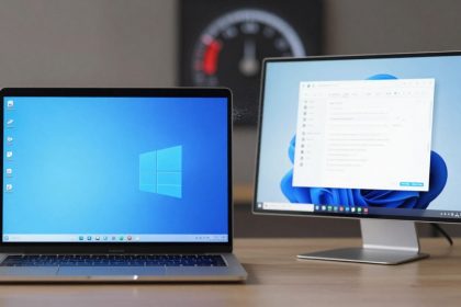 A laptop and a desktop monitor on a wooden desk. The laptop displays a blue Windows logo background, while the monitor shows an email client.