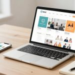 A laptop displaying a business website with various sections and images sits on a wooden desk. Nearby are a smartphone with an app open, a spiral notebook, and a cup of coffee. A blurred window and plant are in the background.