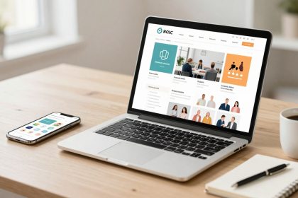 A laptop displaying a business website with various sections and images sits on a wooden desk. Nearby are a smartphone with an app open, a spiral notebook, and a cup of coffee. A blurred window and plant are in the background.