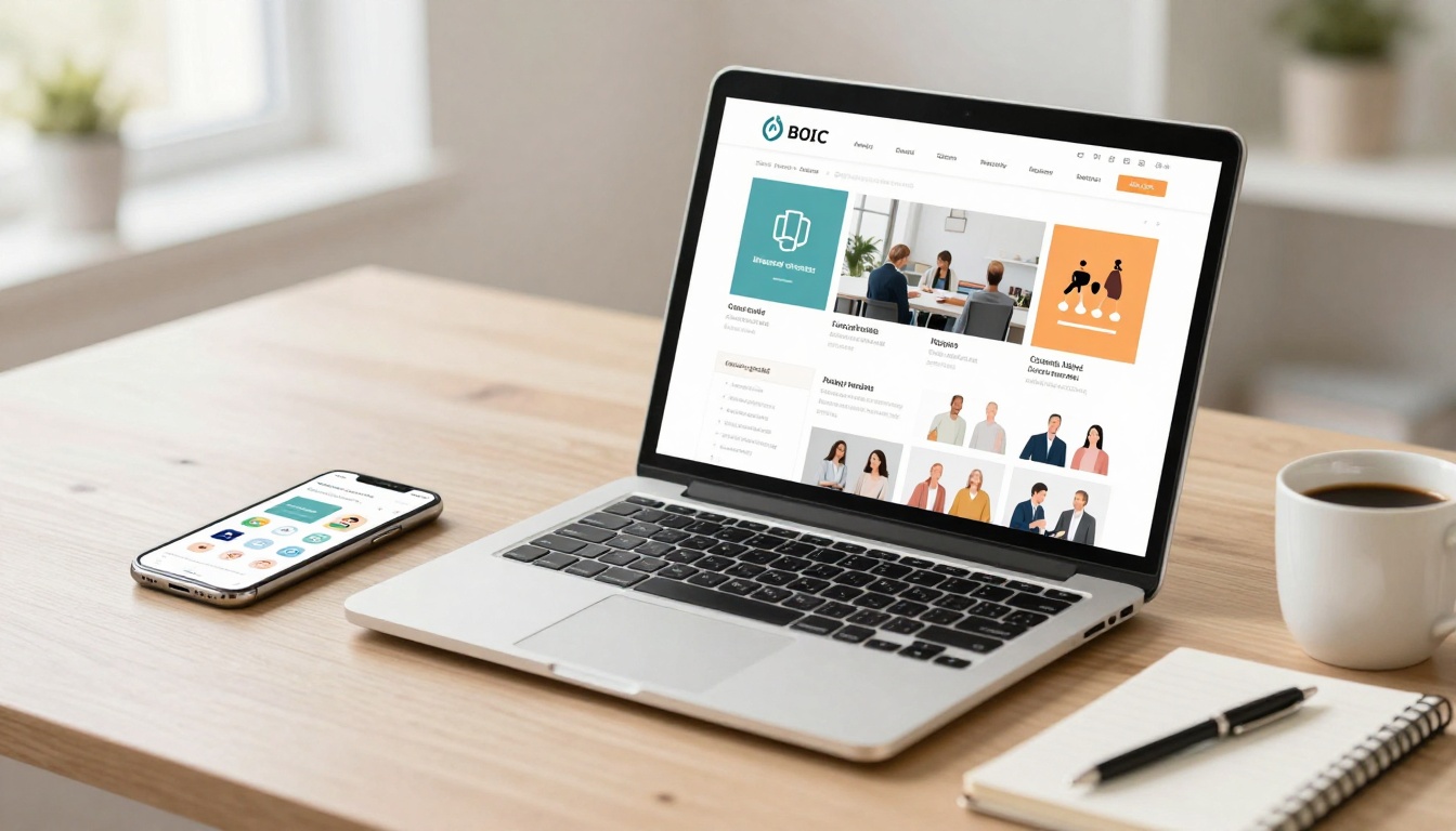 A laptop displaying a business website with various sections and images sits on a wooden desk. Nearby are a smartphone with an app open, a spiral notebook, and a cup of coffee. A blurred window and plant are in the background.