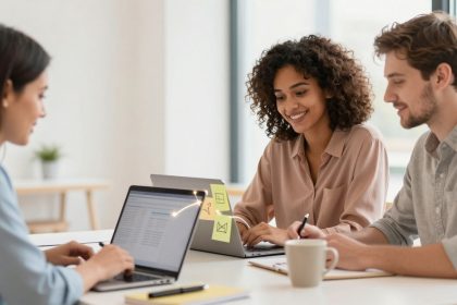 Three people are sitting at a table with laptops, collaborating. A woman on the left types, while a woman in the middle and a man on the right take notes. A cup and sticky notes are on the table.