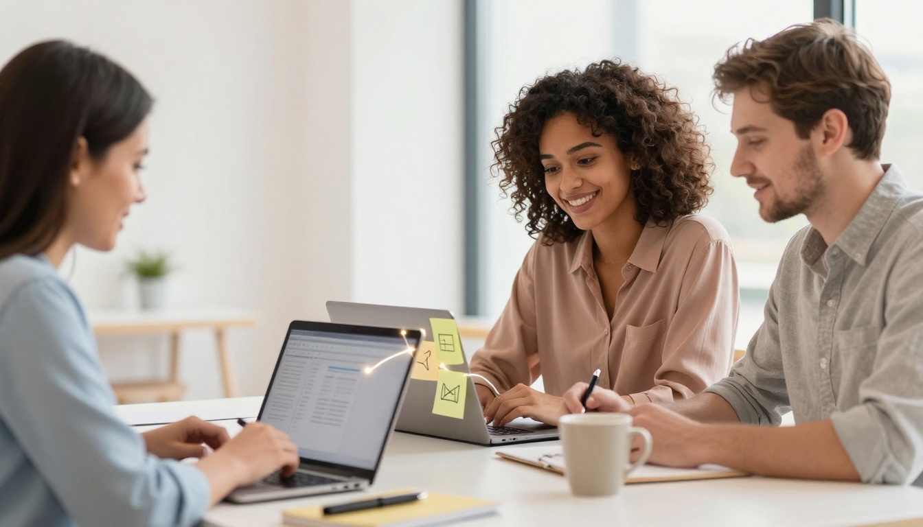 Three people are sitting at a table with laptops, collaborating. A woman on the left types, while a woman in the middle and a man on the right take notes. A cup and sticky notes are on the table.