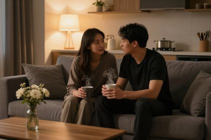A couple sits on a gray sofa, holding steaming mugs, in a cozy living room. A lamp glows softly behind them, with a vase of flowers on the wooden coffee table.