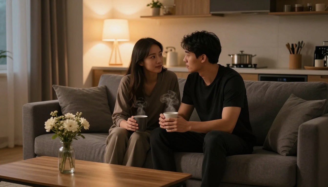 A couple sits on a gray sofa, holding steaming mugs, in a cozy living room. A lamp glows softly behind them, with a vase of flowers on the wooden coffee table.