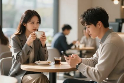 A woman in a gray blazer sips coffee at a cafe table, while a man in a beige sweater looks at his phone. They are seated indoors with other patrons in the background, and a window provides natural light.