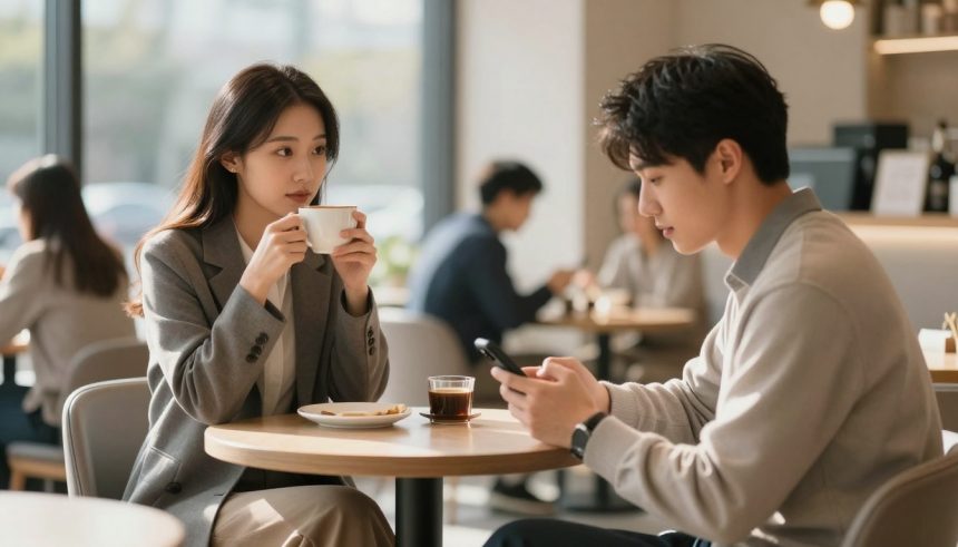 A woman in a gray blazer sips coffee at a cafe table, while a man in a beige sweater looks at his phone. They are seated indoors with other patrons in the background, and a window provides natural light.