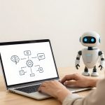 A person types on a laptop displaying a diagram with a brain, gears, and speech bubbles. A small robot with blue eyes stands on the desk.