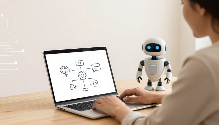 A person types on a laptop displaying a diagram with a brain, gears, and speech bubbles. A small robot with blue eyes stands on the desk.