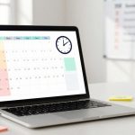 A laptop displaying a calendar with a digital clock icon is on a white desk. Nearby are colorful sticky notes and a white coffee mug.