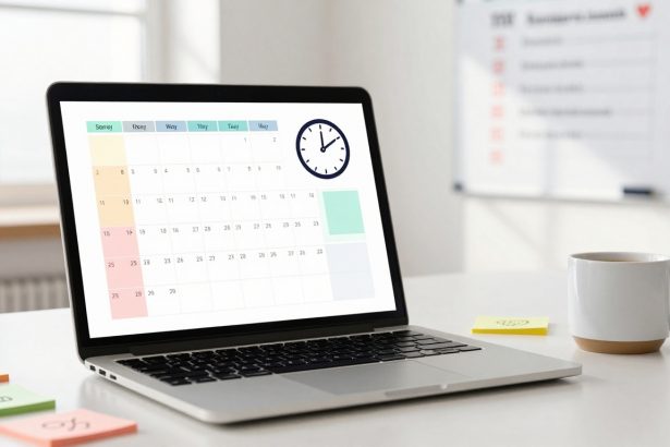A laptop displaying a calendar with a digital clock icon is on a white desk. Nearby are colorful sticky notes and a white coffee mug.