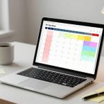 A laptop displaying a colorful digital calendar sits on a desk. Nearby are a lit desk lamp, a white coffee mug, and sticky notes.