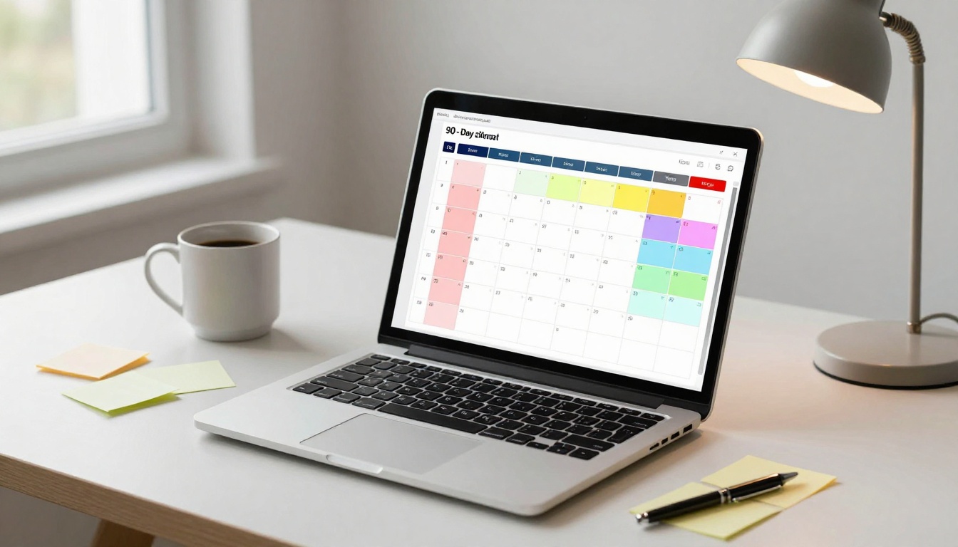 A laptop displaying a colorful digital calendar sits on a desk. Nearby are a lit desk lamp, a white coffee mug, and sticky notes.