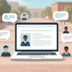 A laptop displaying a profile is on a plaza with blurred buildings and trees. Speech bubbles and avatar icons surround the laptop.