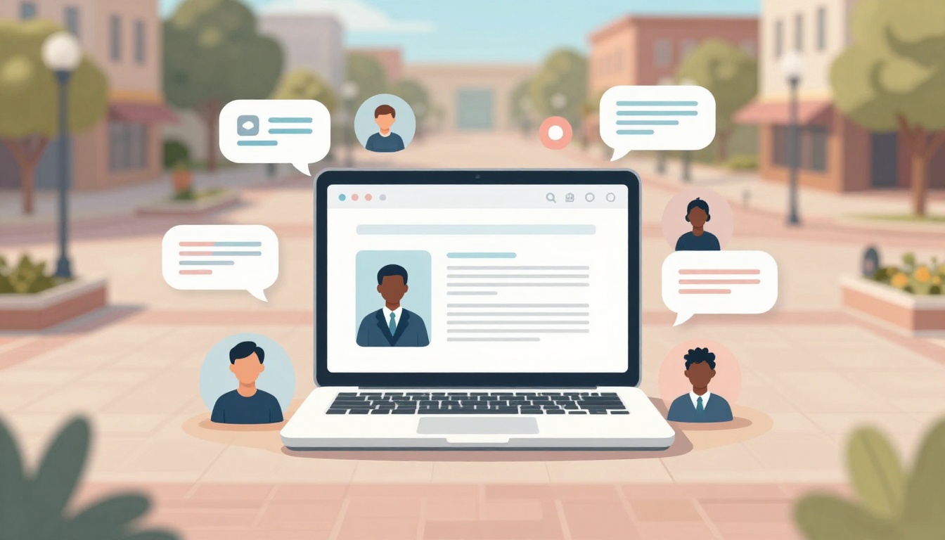 A laptop displaying a profile is on a plaza with blurred buildings and trees. Speech bubbles and avatar icons surround the laptop.